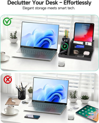 Fast Wireless Charging Station with Desk Organizer for iPhone 17/16/15/15 Pro/14/14 Pro Max/14 Pro/14 Plus/13/13 Pro Max/13 Pro/and iPhone 12/11 Series, Nightstand Desktop Organizer, Brown