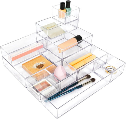 Stackable Acrylic Drawer Organizer Set, 18 PCS Multi-Size Storage Bins for Makeup, Office Desk, Bathroom, Vanity and Kitchen Utensils
