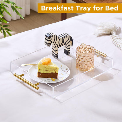 12"x16" Clear Acrylic Serving Tray with Golden Handles, Sturdy Huge Capacity Acrylic Tray for Coffee, Juice, Kitchen and Desk Organizer, Storage Tray (12"x16")