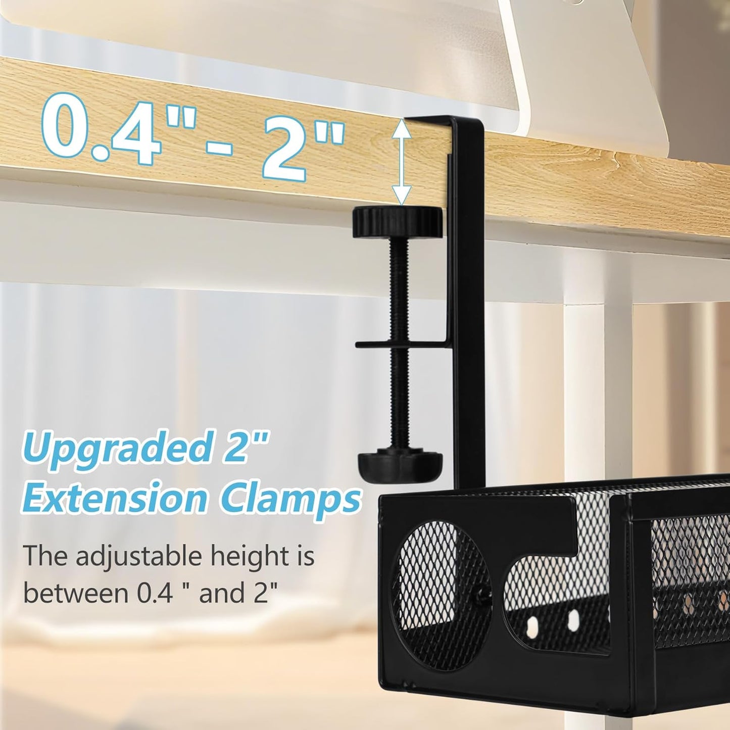 Under Desk Cable Management Tray No Drill - 25'' Large Metal Mesh Cord Organizer with Clamp Mount 2 Hole Cable Organizer Tray with Wire Management for Home Office Standing Desk
