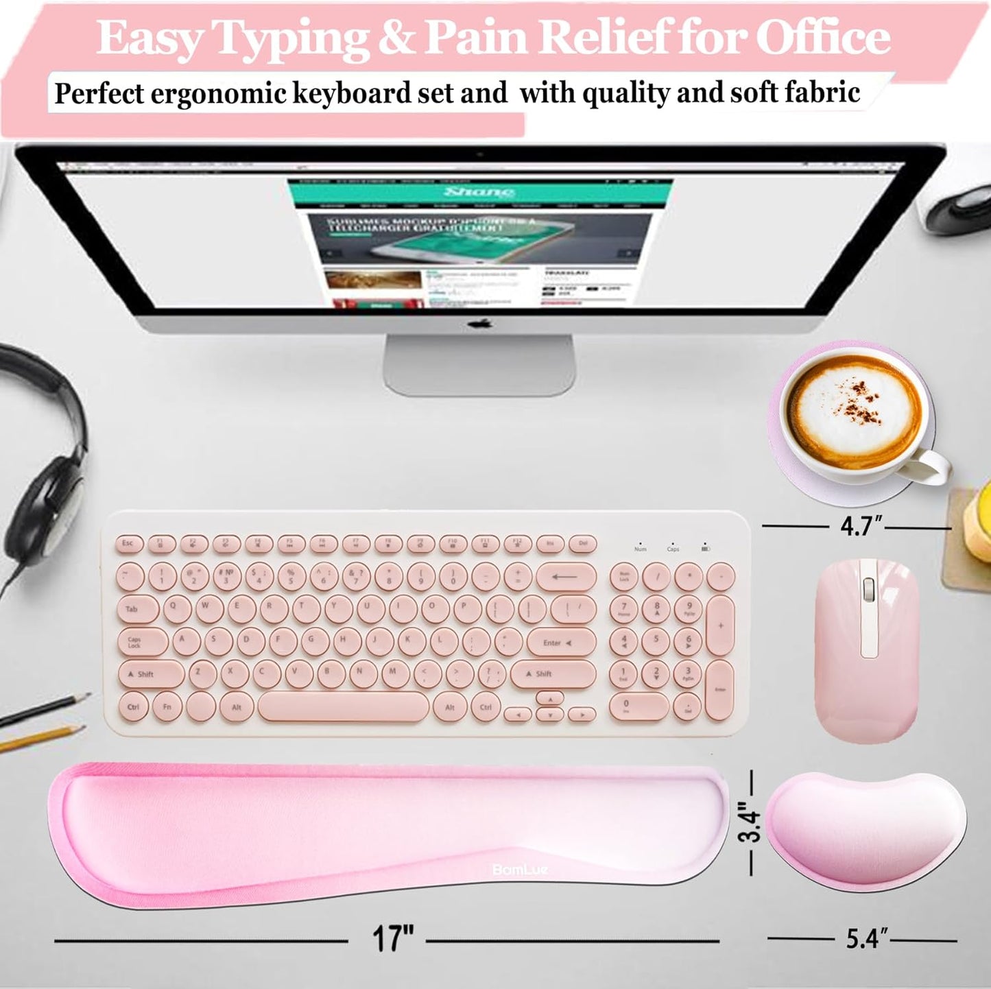 BamLue Upgrade Silky and Superfine Fabric Keyboard Wrist Rest, Gel Mouse Wrist Pillow Pad Set for Easy Typing & Pain Relief for Laptop, Office & Home, Ergonomic Sets for Keyboard-Pink