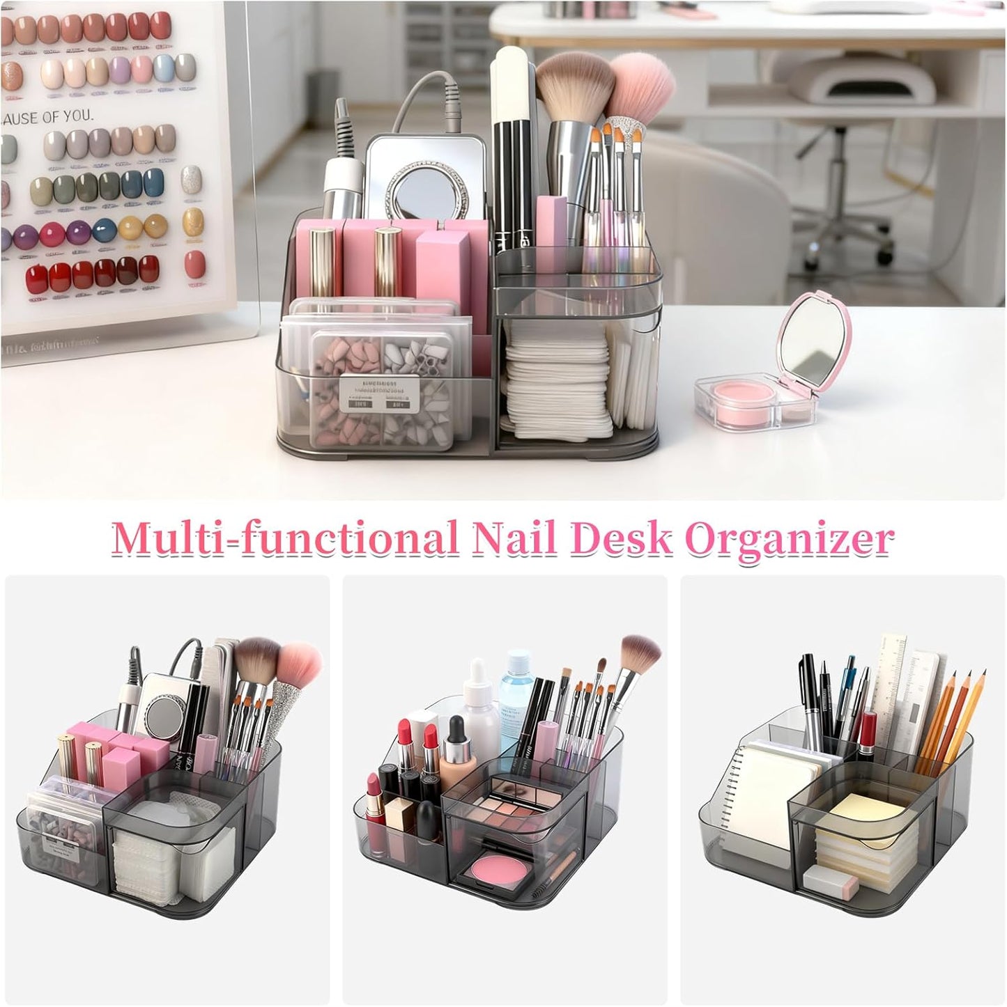 BQAN Transparent Acrylic Nail Desk Organizer with Spinning Drawer, Drill & Brush Holder, Desktop Manicure Tool Storage for Nail Techs, Makeup, Skin Care (Black) - Professional Salon or Home Use