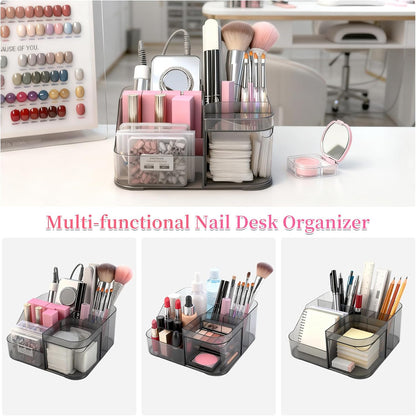 BQAN Transparent Acrylic Nail Desk Organizer with Spinning Drawer, Drill & Brush Holder, Desktop Manicure Tool Storage for Nail Techs, Makeup, Skin Care (Black) - Professional Salon or Home Use
