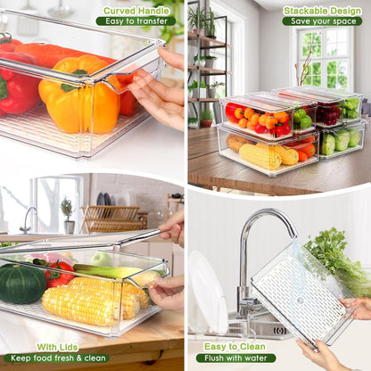 ZIJUND 4 Pack Fridge Organizer, Stackable Refrigerator Organizer Bins with Lids, BPA-Free Fridge Organizers and Storage Containers for Fruit, Vegetable, Food, Drinks, Cereals, Clear