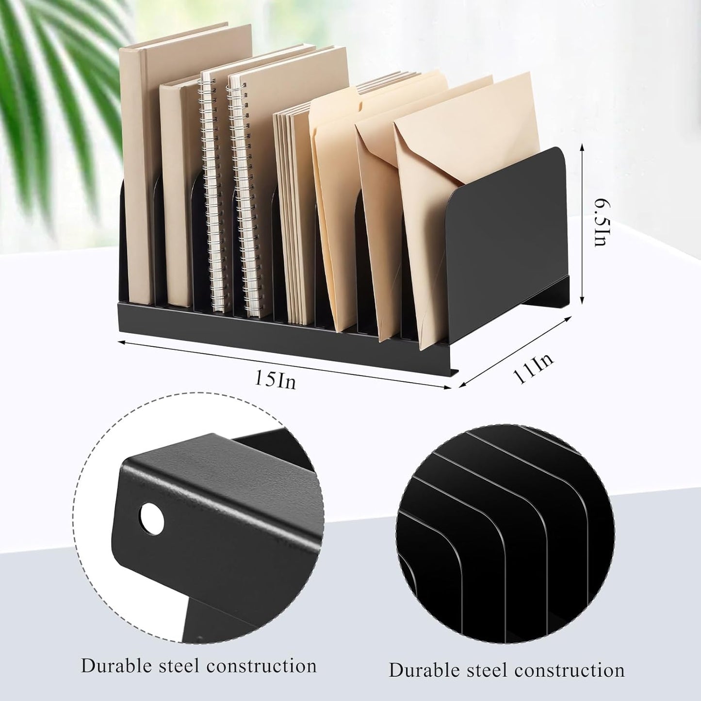 Suzile Metal Desktop File Organizer, 15 Compartments, Vertical File Sorter, Black, 5.79 W x 15.75 L x 5.41 H, Office, Reception Areas, Workspace