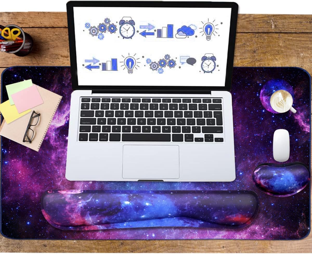 Large Mouse Pad and Keyboard Wrist Rest, Desk Pad for Keyboard and Mouse, 4-in-1 Large Gaming Mouse Pad with Wrist Support, Desk Mat for Home Office Study Game-Galaxy Fluid