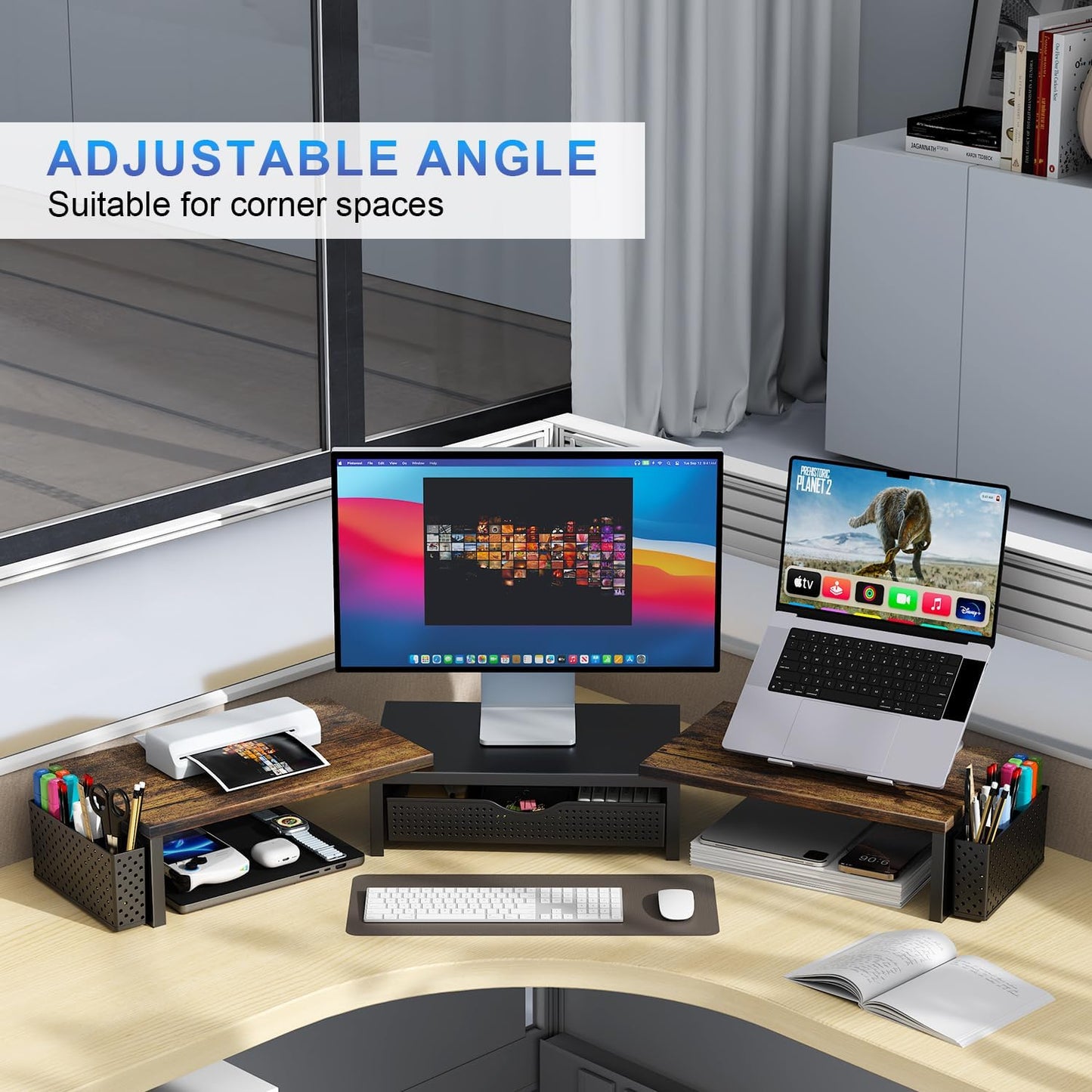 gianotter Dual Monitor Stand Riser, Desk Organizer With Drawer and 2 Pen Holders, Computer Monitor Stand, Shelf for Top of Desk, Black
