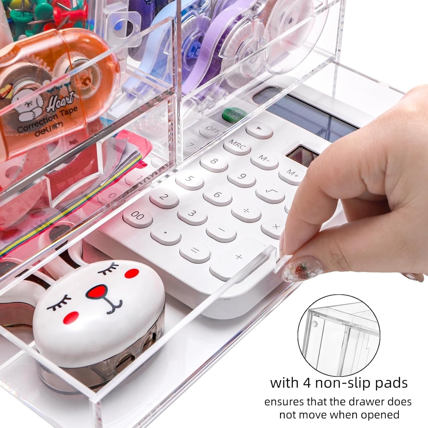 Cididu Acrylic Desk Organizer, Clear Desktop Storage with 2 Drawers for Office Supplies, Pen Holder, Stationery Caddy, Makeup Brushes, 7 Compartments Aesthetic Transparent Organizer for Home School