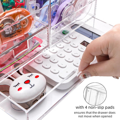 Cididu Acrylic Desk Organizer, Clear Desktop Storage with 2 Drawers for Office Supplies, Pen Holder, Stationery Caddy, Makeup Brushes, 7 Compartments Aesthetic Transparent Organizer for Home School