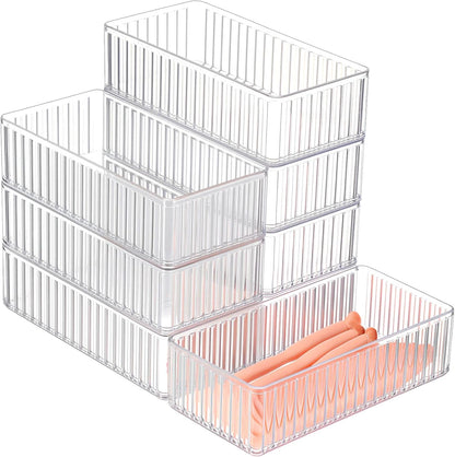 Teenyyou 8 Pcs Clear Drawer Organizers Bins Stackable Makeup and Vanity Organizer Trays Clear Plastic Drawer Organizers Set for Office Desk Dividers(9.9 x 6.3 x 1.8 Inches)