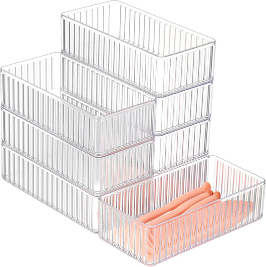 Teenyyou 8 Pcs Clear Drawer Organizers Bins Stackable Makeup and Vanity Organizer Trays Clear Plastic Drawer Organizers Set for Office Desk Dividers(9.9 x 6.3 x 1.8 Inches)