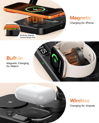 45W 6 in 1 Charging Station for Apple Multiple Devices with Clock & Light, 20W Fast Foldable Wired Charging Stand for iPad/Tab, Wireless Charger Design for MagSafe Charger for iPhone 17/iWatch/Airpods