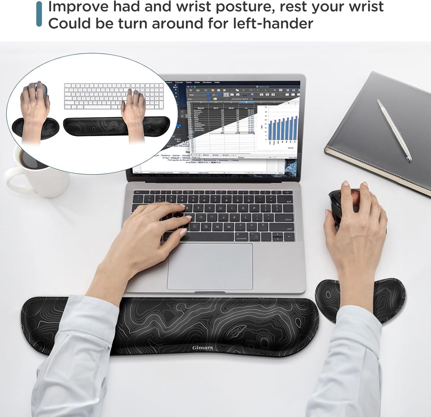 Gimars Upgrade Enlarge Silky and Superfine Fabric Gel Memory Foam Keyboard Wrist Rest Set, Ergonomic Keyboard Mouse Wrist Support for Typing Pain Relief, Comfort for Office, Gaming, Computer