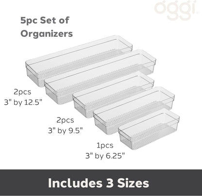 Oggi Set of 5 Clear Drawer Organizers - (1) 3x6.25, (2) 3x9.5, (2) 3x12.5 - Ideal for Organizing Kitchen Drawers, Office, Desk, Silverware, Kitchen Utensils, Cosmetics and Bathrooms