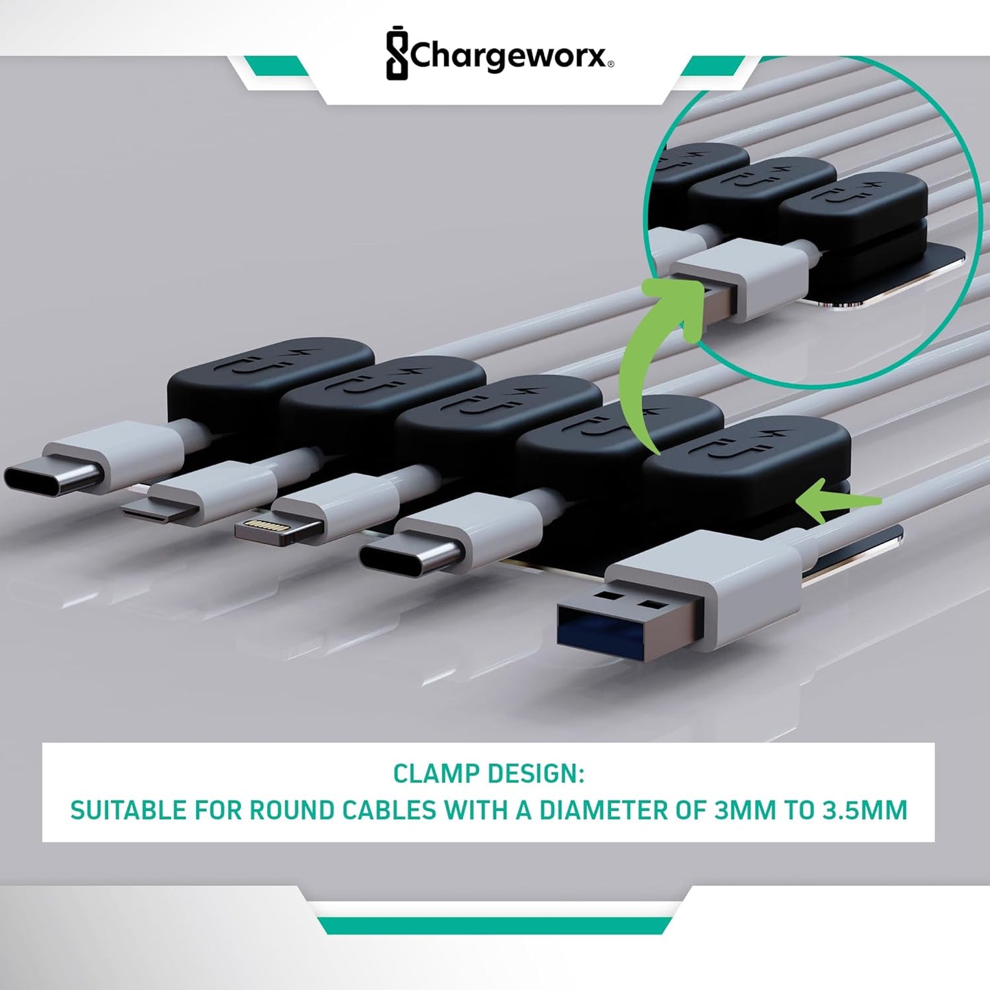 CHARGEWORX Pack of 5 Magnetic Cable Clips, Adhesive Cord Organizer for Desk, Nightstand, Wall or Car, Wire Holder for USB-C, Lightning and Micro-USB Cables