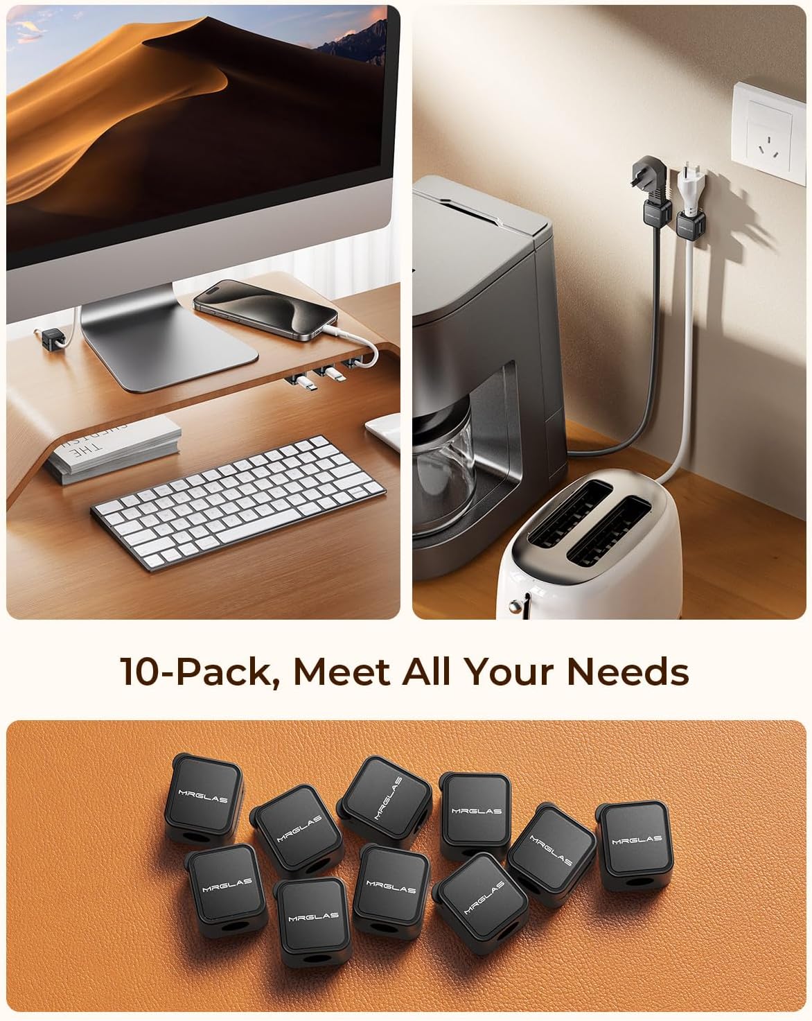 10Pack 2026 Upgraded Cord Organizer Magnetic Cable Clips [1s Lock] MRGLAS Cable Holder Office Desk Accessories with 4 Extra Strong Adhesive Pads, Wire Keeper for Nightstand Desktop Wall Car