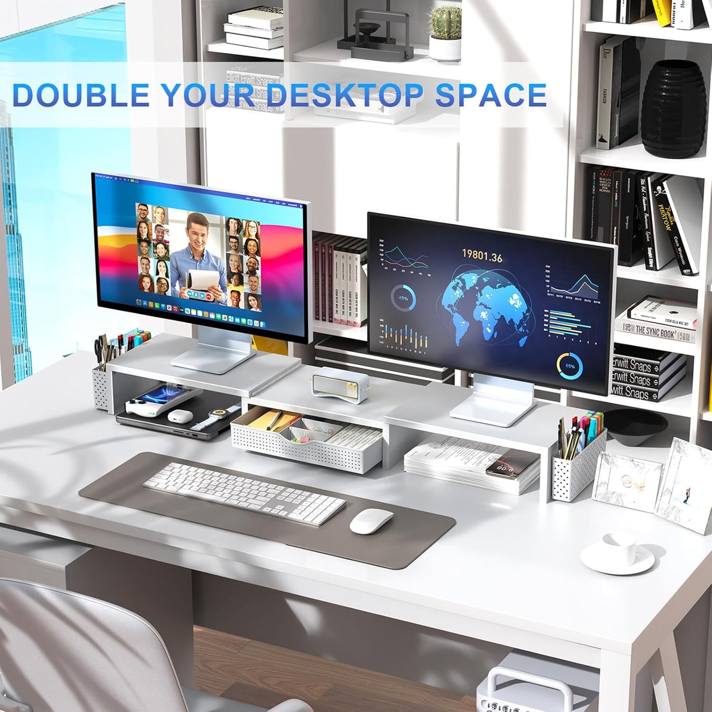 gianotter Dual Monitor Stand Riser, Desk Organizer With Drawer and 2 Pen Holders, Computer Monitor Stand, Shelf for Top of Desk, Black