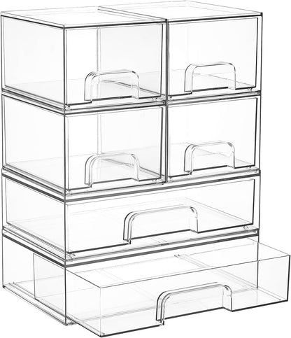 Vtopmart Stackable Storage Drawers Set of 4, Clear Plastic Organizer Bins for Bathroom Supplies,Ideal for Cabinet,Pantry,Laundry Room Organization