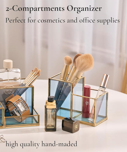 FONDAZZA Gold & Blue Glass Desk Organizer - Elegant Office Decor, Aesthetic Makeup Brush Holder, 2-Compartment Pen Holder, Pencil Cup, Vanity & Cosmetic Storage, Desk Accessories for Women