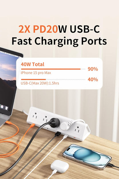 6.5 FT Desk Clamp Power Strip with 5 AC Outlets & 6 USB Ports PD 40W USB-C Fast Charging, 1250J Surge Protector, Fits 2.1 in top Edge Black