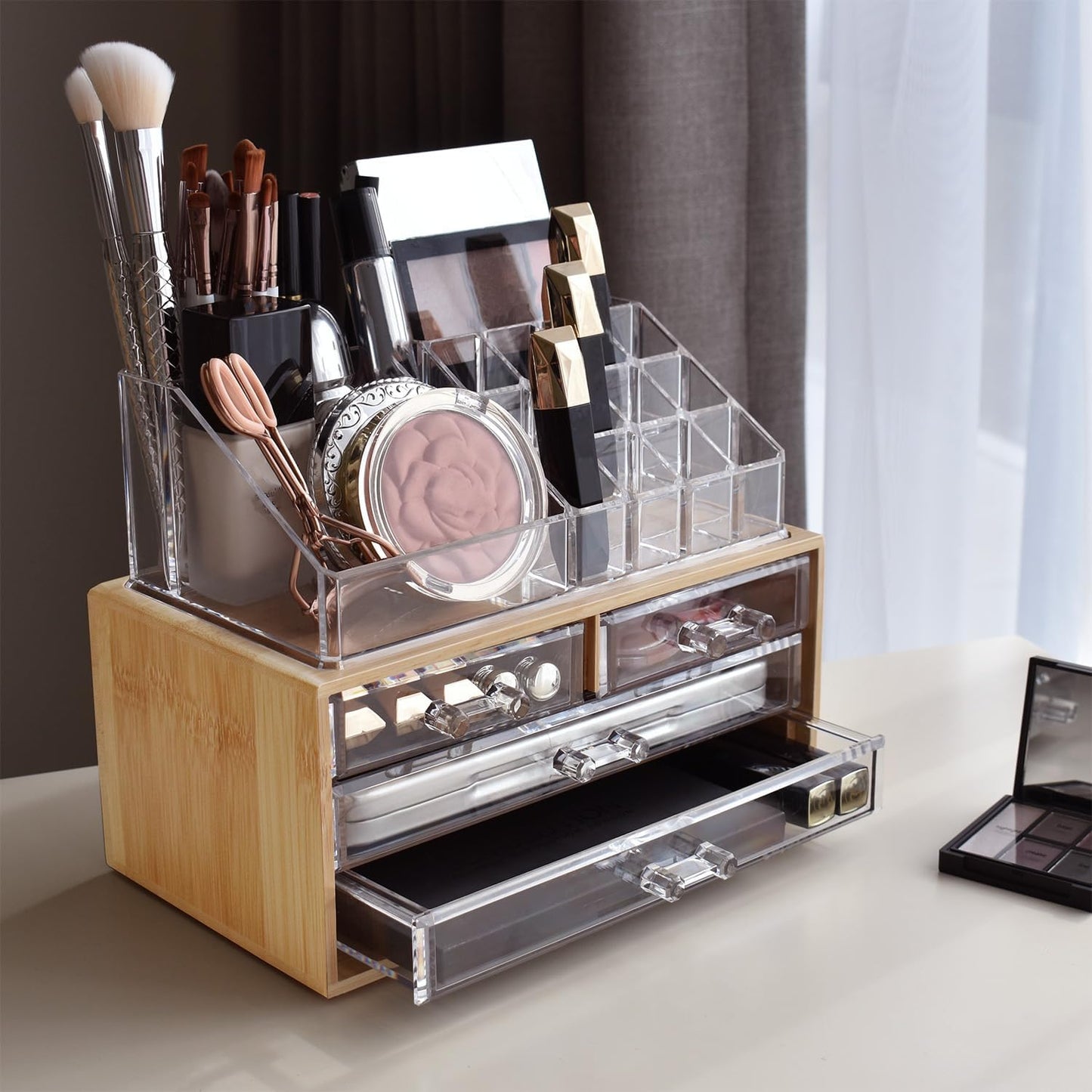Ikee Design Acrylic Makeup Organizer with 4 Drawers and Removable Top Lipstick Holders, Ideal for Make-up or Accessories,Enhance Your Vanity or Bathroom with Clear Design for Quick Visibility