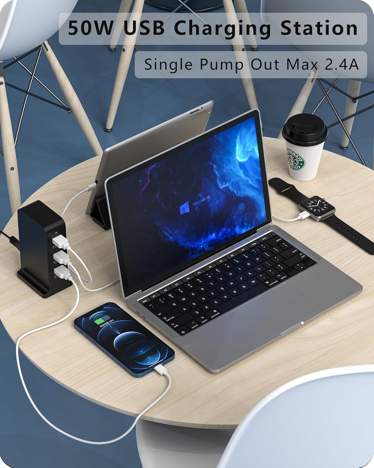 VPSUN USB Charger 6 Port 50W Multi USB Tower Charging Station for Multiple Devices iPhone 15/14/14 Pro/14 Pro Max/13 Pro/13 Pro Max/Android/Samsung/Tablet,etc (Black, 50W)