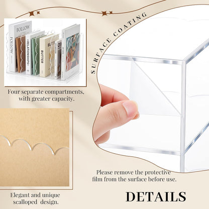 AmazingSpark Scalloped Acrylic Book Holder for Desk with 4 Vertical Compartments 11.22 x 7.28 x 6.5 Inches Clear Acrylic Magazine Organizer Storage Mail Sorter with Wave Edge Design for Office Home