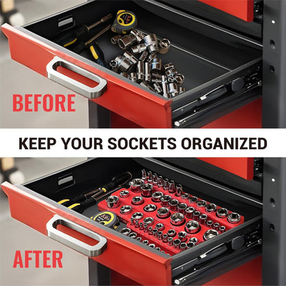AIUITIO 6PCS Socket Organizer Tray Set, Red SAE & Black Metric Socket Storage Trays, 1/4-Inch, 3/8-Inch & 1/2-Inch Drive Deep and Shallow Socket Holders for Toolboxes
