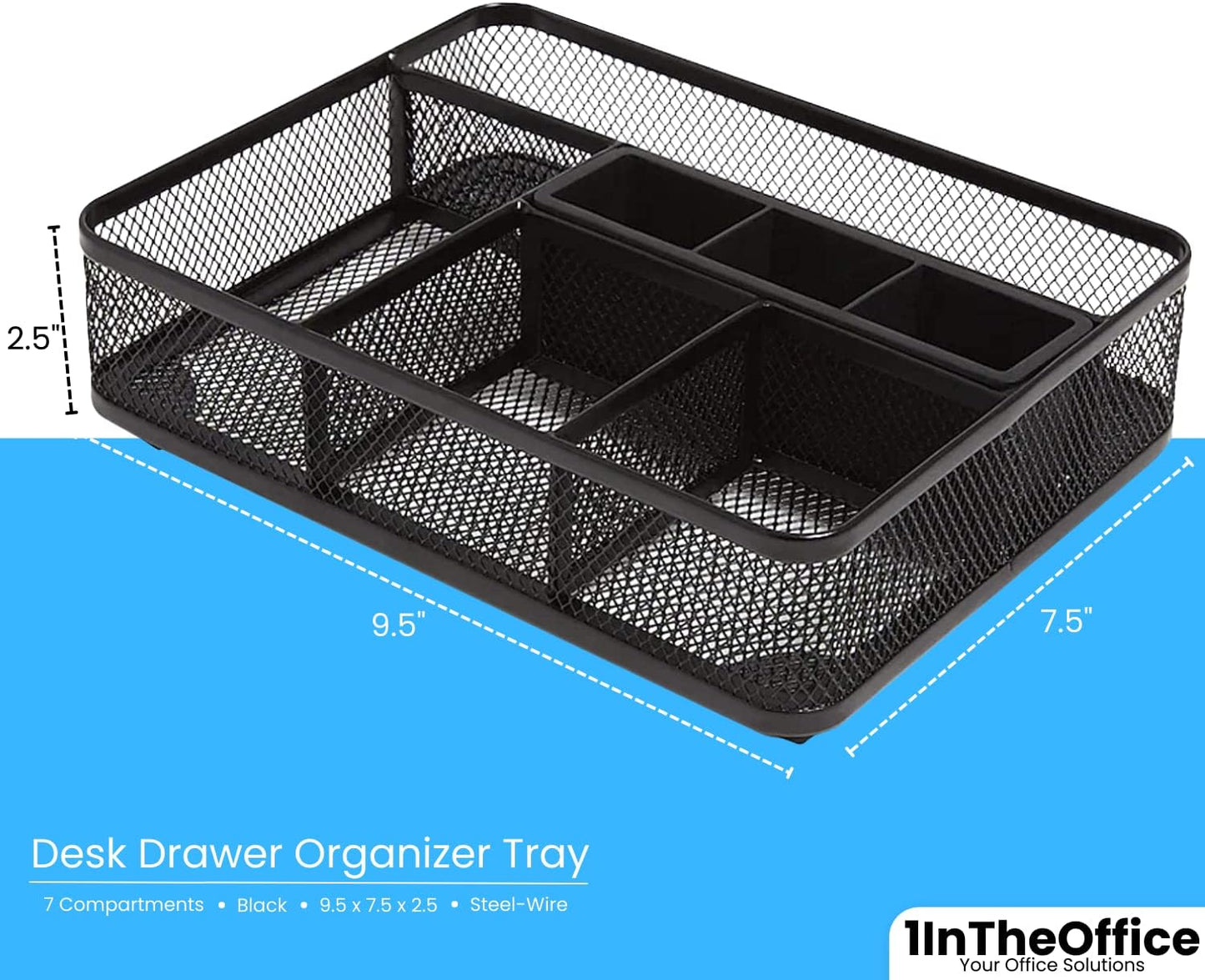 1InTheOffice Mesh Collection Desk Drawer Organizer Tray, Black, 7 Compartment
