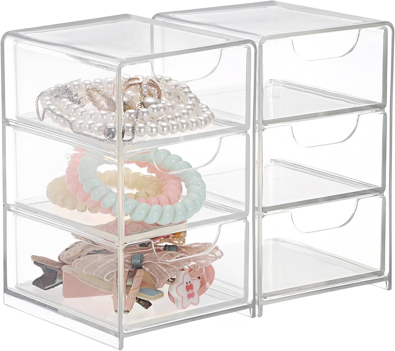 Hipiwe 2 Packs Acrylic Desk Organizer with 3 Drawers Small Display Organizer for Makeup Cotton Swabs Jewelry Clear Qtip Storage Box for Living Room Bathroom Office