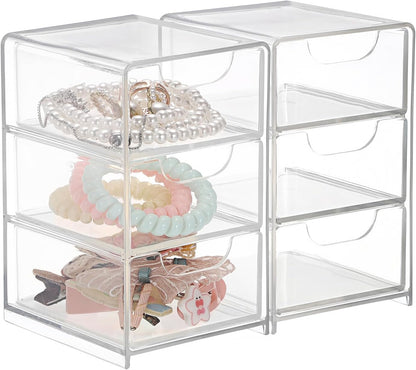 Hipiwe 2 Packs Acrylic Desk Organizer with 3 Drawers Small Display Organizer for Makeup Cotton Swabs Jewelry Clear Qtip Storage Box for Living Room Bathroom Office
