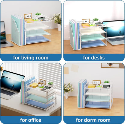 Marbrasse Desk Organizer and Accessories，4-Tier Paper Letter Tray Organizer with File Holder，Desk Accessories & Workspace Desktop Organizers for School Home Office Supplies (Blue)