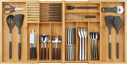BAMEOS drawer organizer flatware organizer cutlery tray silverware organizer expandable adjustable bamboo drawer organizer kitchen bathroom