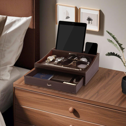 Baoyun Gifts for Dad Mens Nightstand Organizer, Jewelry Box for Men, Mens Dresser Organizer Countertop, Large Capacity Leather Valet Tray for Phones Pad Wallet Key Christmas Gifts for Men