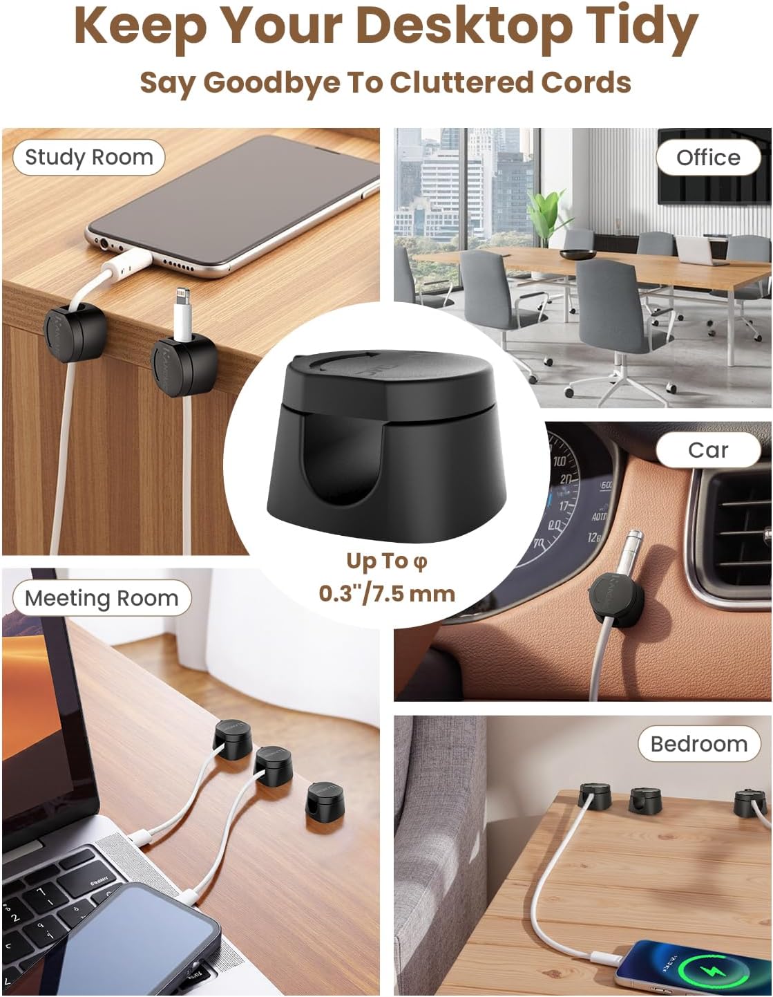 Kanemc Cable Clips Cord Holder for Desk, 360° Spin Magnetic Wire Organizer Self Adhesive Cord Management for Office Desks Cars Home Kitchen Electronic Accessory (White, 6 PCS)