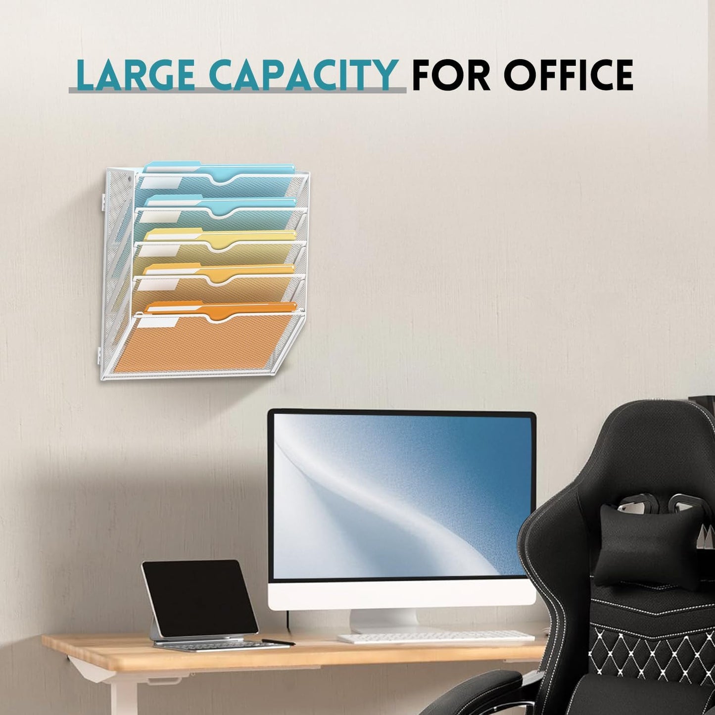 SUPEASY 5 Tier Wall File Organizer, Hanging Wall Mounted Mail Organizer with Label Slots, Metal Mesh File Holder Magazine Rack for Office, Home, School or Classroom, Black