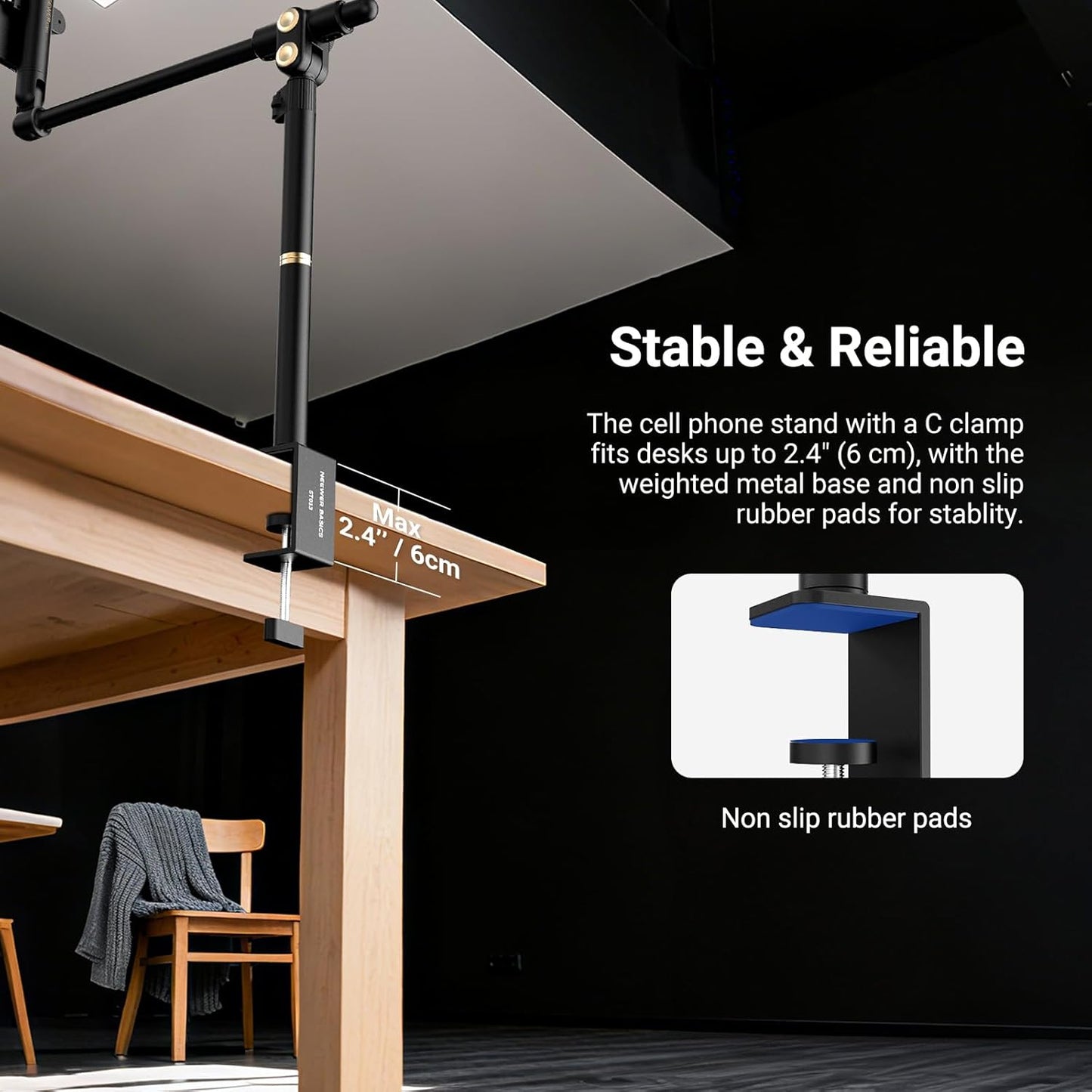 NEEWER Basics Cell Phone Stand for Desk, Adjustable Phone Holder Clamp with Weighted Metal Base, Office Table Phone Mount Compatible with iPhone 16 15 Pro Max Plus Samsung for Video Recording, ST006