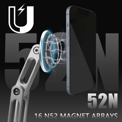 Magnetic Phone Stand for Desk, Heightened & Adjustable & Foldable Metal Magnetic Phone Holder Stand for Desk/Office/Home, Compatible with iPhone 12-17All Series/Mag Safe Case (Black