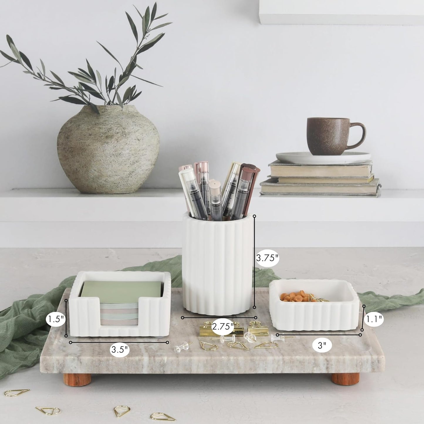 KIBAGA Modern Aesthetic Desk Accessories Set of 3 - Stylish Concrete Organizers for Pens & Office Supplies - A Cute and Functional Addition to Your Workspace Decor