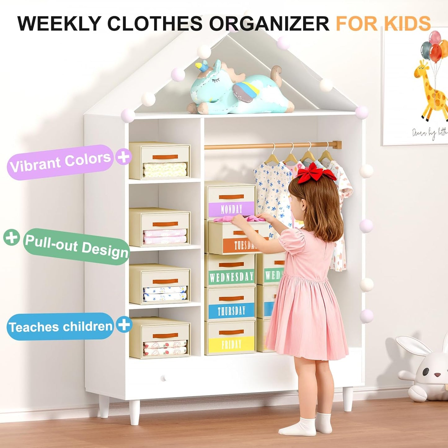 Stackable Storage Drawers - Pull Out Storage Bins with Drawers for Closet Clothes Organizers with Weekly Labels & Clear Window, Closet Shelf Storage for Bedroom, Living Room, 5 Pack, White