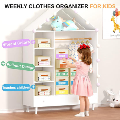 Stackable Storage Drawers - Pull Out Storage Bins with Drawers for Closet Clothes Organizers with Weekly Labels & Clear Window, Closet Shelf Storage for Bedroom, Living Room, 5 Pack, White