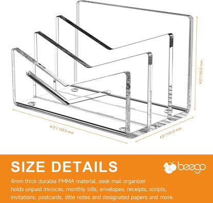 Beego Envelope and Mail Organizer Countertop - Clear Acrylic Desk Organizer Letter Holder Desktop File Sorter Bill Document Folder Rack for Office, Home, School Desk Organization