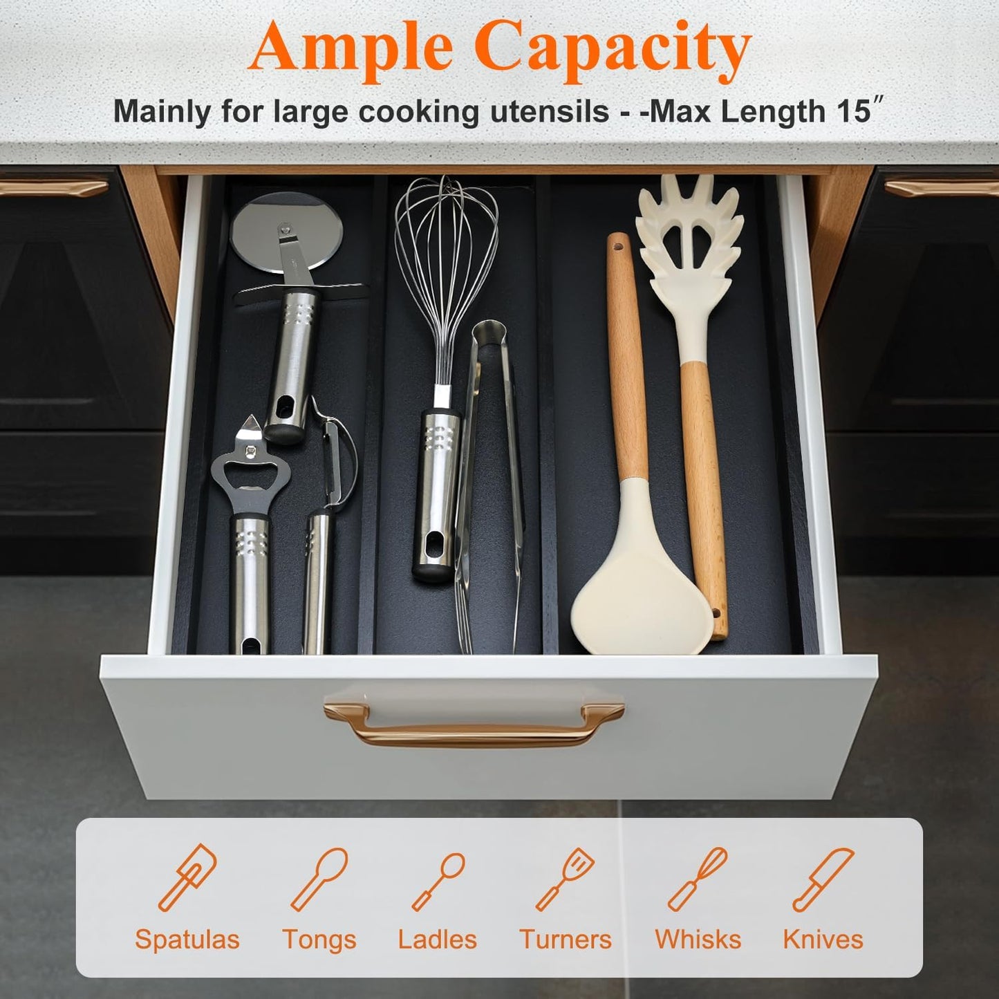 Large Bamboo Silverware Drawer Organizer Tray Kitchen Tool Drawer Divider Organizers Storage Expandable Cooking Utensil Organizer Wooden Cutlery Tray Spoon Flatware Organizers Utensil Holder Drawers