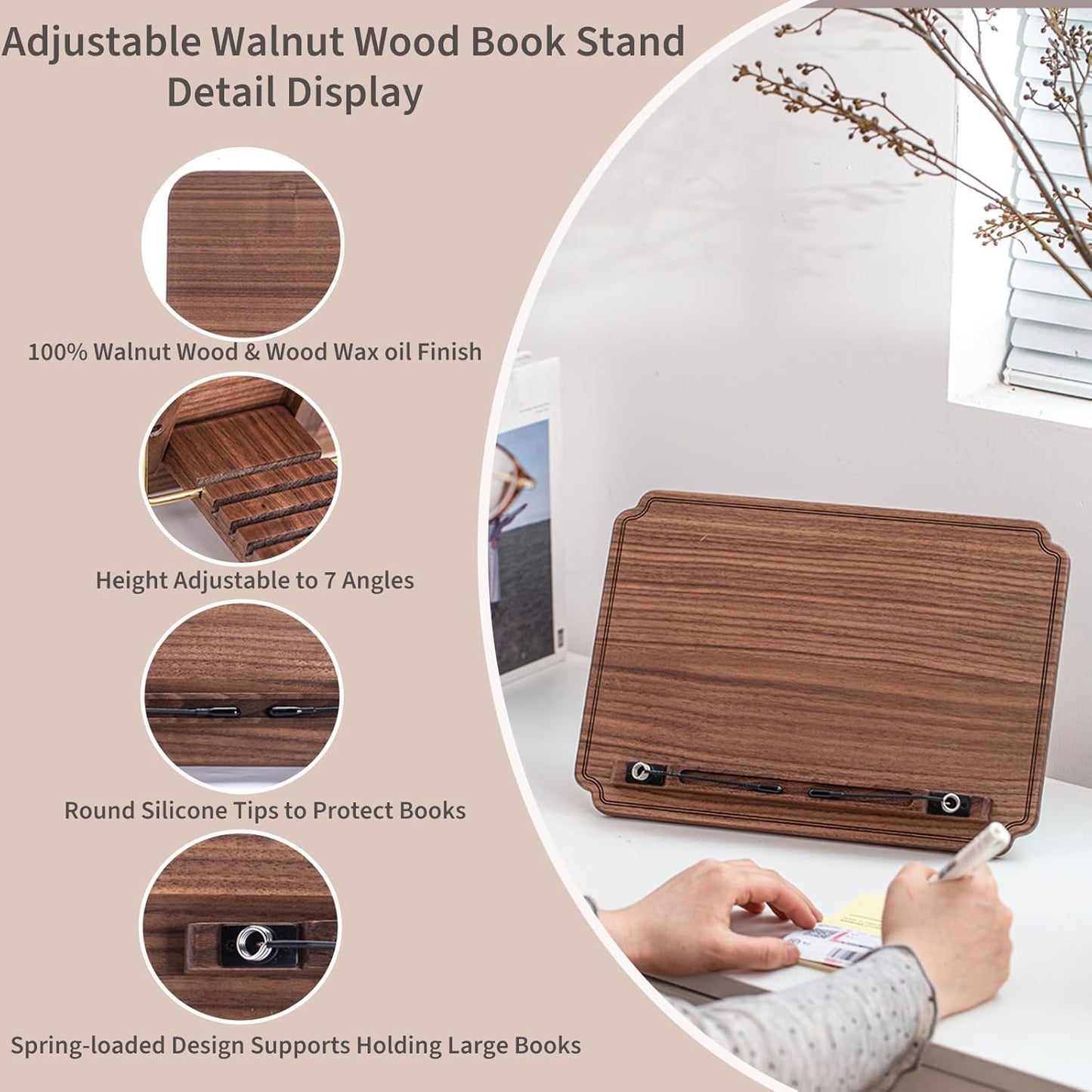 Book Stand for Reading, Mayhas Adjustable Book Holder with 360° Swivel Base&Page Clips, Foldable Desktop Stand for Cookbook, Fits All Books (Walnut, Wood Base)