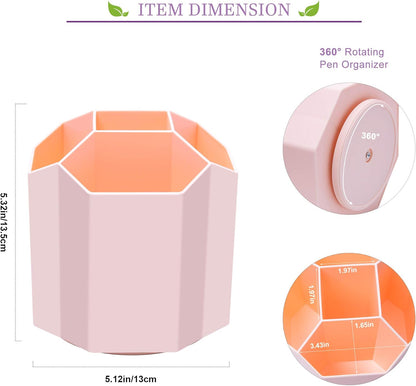 Siveit Desk Pencil Pen Holder, Rotating Pen Organizers 360-Degree 5 Grid Pen Holder for Desktop Storage Stationery Supplies Organizer, Home, Office, School, Kids, Peach Pink