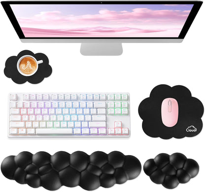Sushret Cloud Wrist Rest for Computer Keyboard, 4-in-1 Memory Foam Leather Cloud Keyboard Wrist Rest and Mouse Pad Set with Ergonomic Support for Arm and Palm Cushion, Gaming/Work Setup, Rainbow