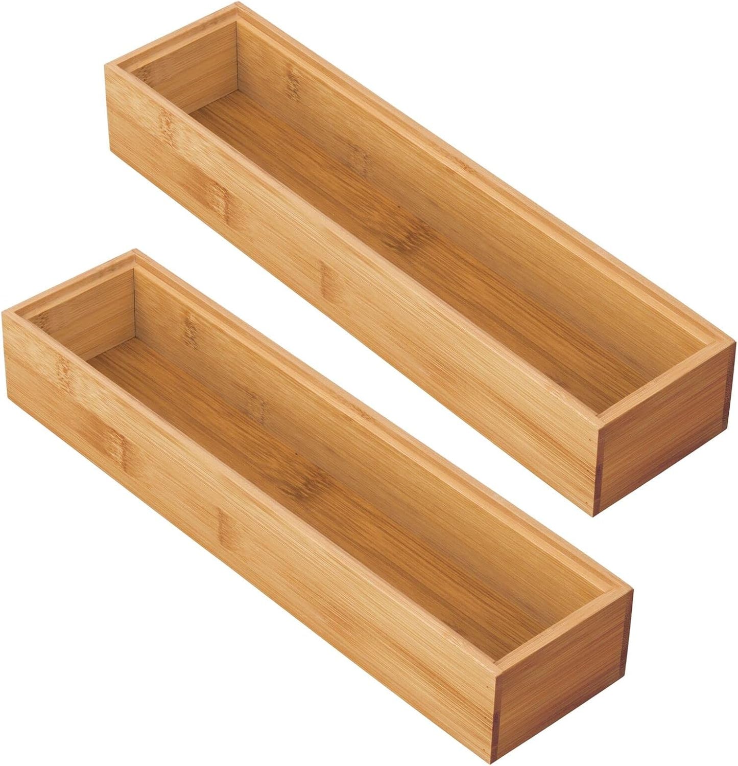 mDesign Slim Wooden Bamboo Drawer Organizer for Office - 12" Long Stackable Storage Box Tray for Desk Drawers/Cabinet - Junk Drawer and Accessories Organization - Echo Collection, 2 Pack, Natural Wood