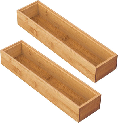 mDesign Slim Wooden Bamboo Drawer Organizer for Office - 12" Long Stackable Storage Box Tray for Desk Drawers/Cabinet - Junk Drawer and Accessories Organization - Echo Collection, 2 Pack, Natural Wood