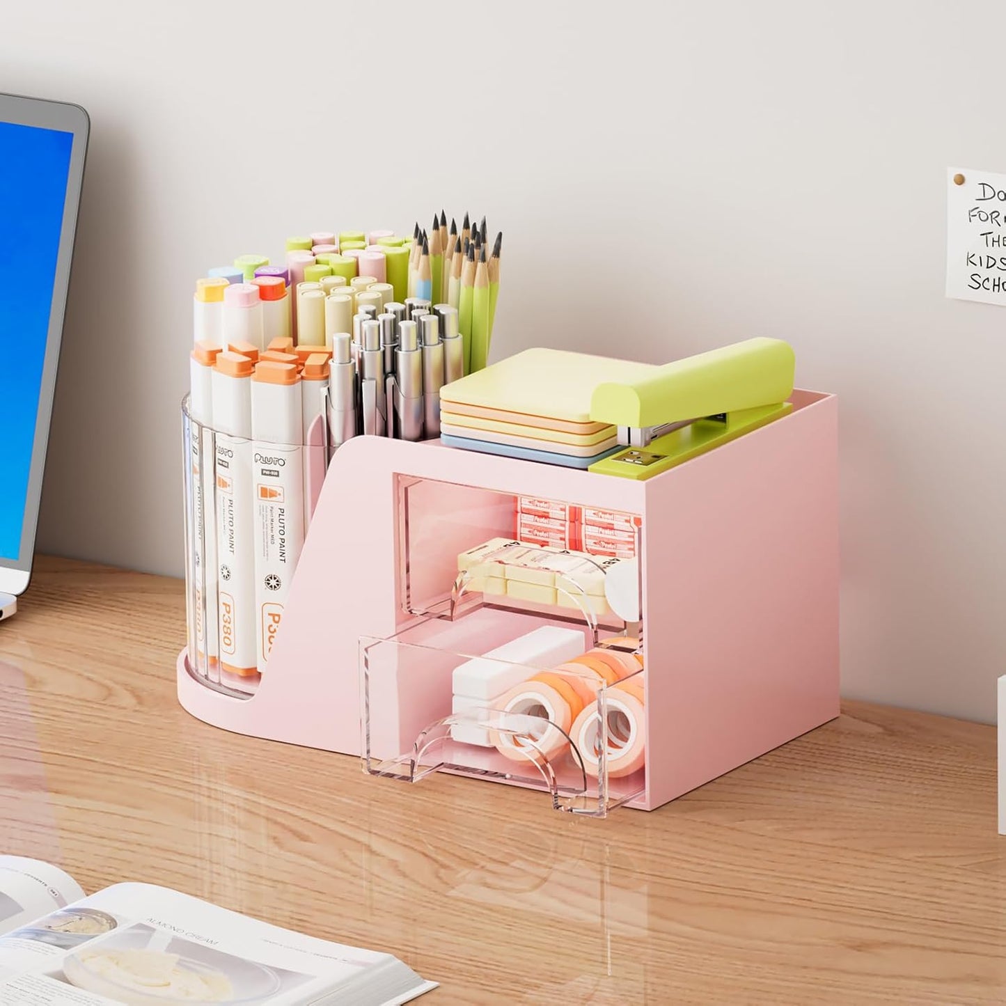 Marbrasse Desk Organizer with 2 Drawer, 360°Rotating Pen Holder, Desk Organizers and Accessories with 6 Slots Pencil Organizer + 2 Drawer, Art Supply Storage Box Caddy for Office (White)