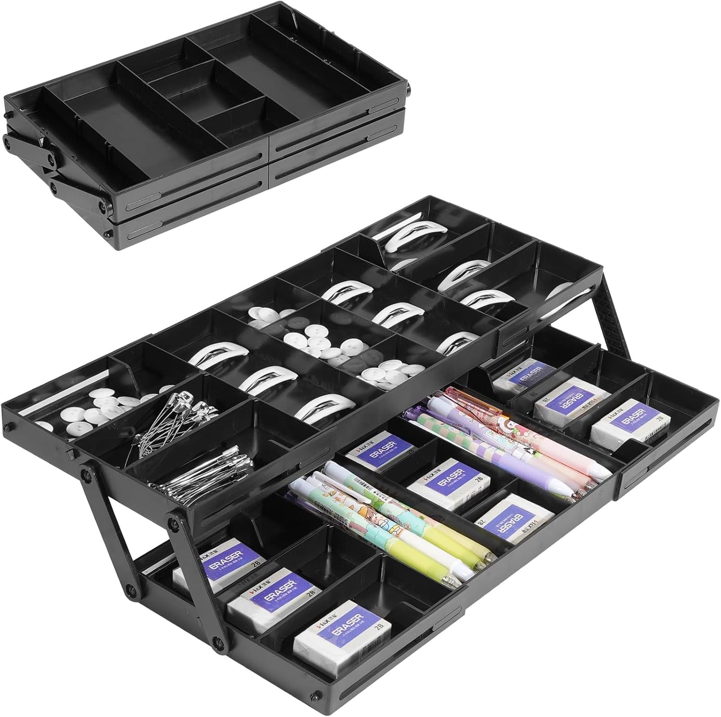 Aobiono Multi Level Smart Drawer Organizer, Multi Tier Expandable Storage Collapsible Foldable Trays for Jewelry, Cosmetics, Makeup, Tools, Battery (White, Single Row - 2 Levels)